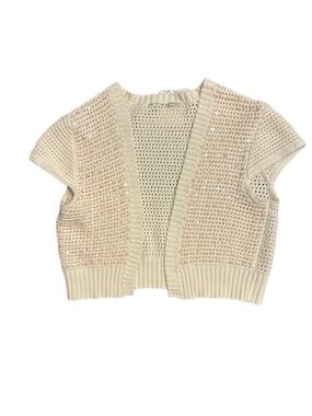 Cropped Off White Crochet Style Knit Shrug with Pink Sequins Size Small